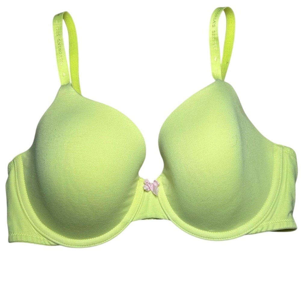 Victoria's Secret Lime Neon Green Plunge Padded Underwire Bra 34C Branded Straps